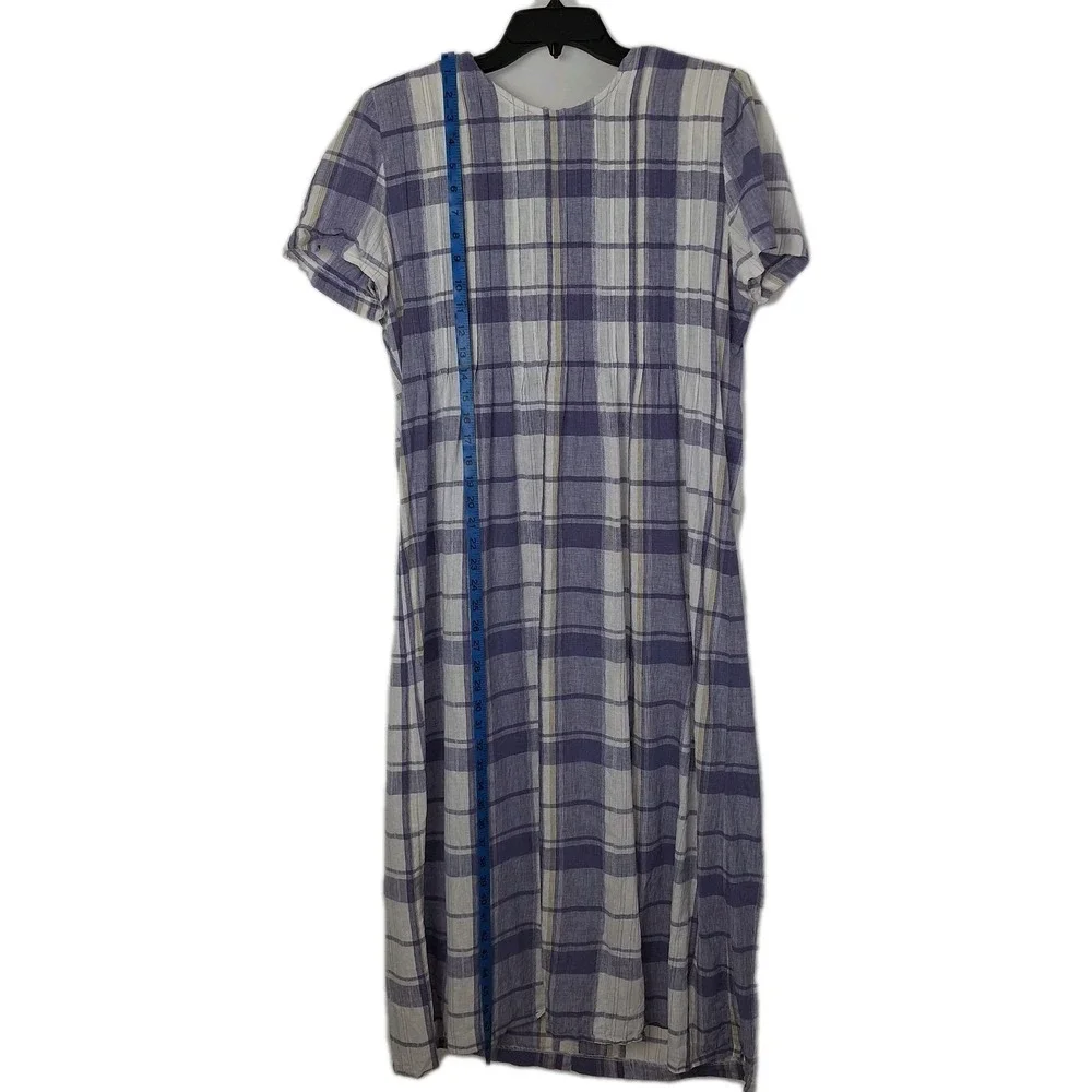 Vintage 90s Periwinkle White Plaid Linen Blend Dress 12 VTG Midi Cottagecore - Picture 10 of 16